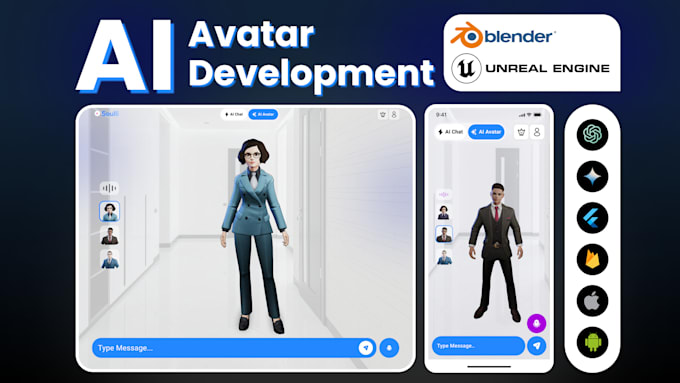 I offer development services for personalized artificial intelligence chatbot applications and AI-driven three-dimensional avatars utilizing large language models and generative pre-trained transformers