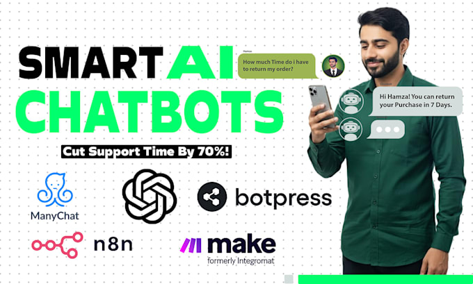 I create artificial intelligence chatbots utilizing platforms such as Botpress, ManyChat, Dialogflow, and ChatGPT