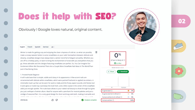 I will make writing sound more human, naturally rewrite blog content, and manually revise posts