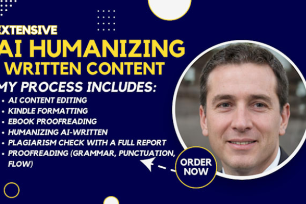 I offer services for proofreading and humanizing content generated by artificial intelligence, checking for plagiarism, and editing and formatting books
