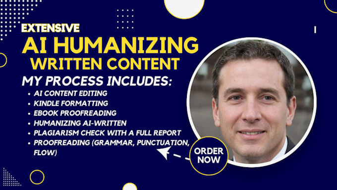 I offer services for proofreading and humanizing content generated by artificial intelligence, checking for plagiarism, and editing and formatting books